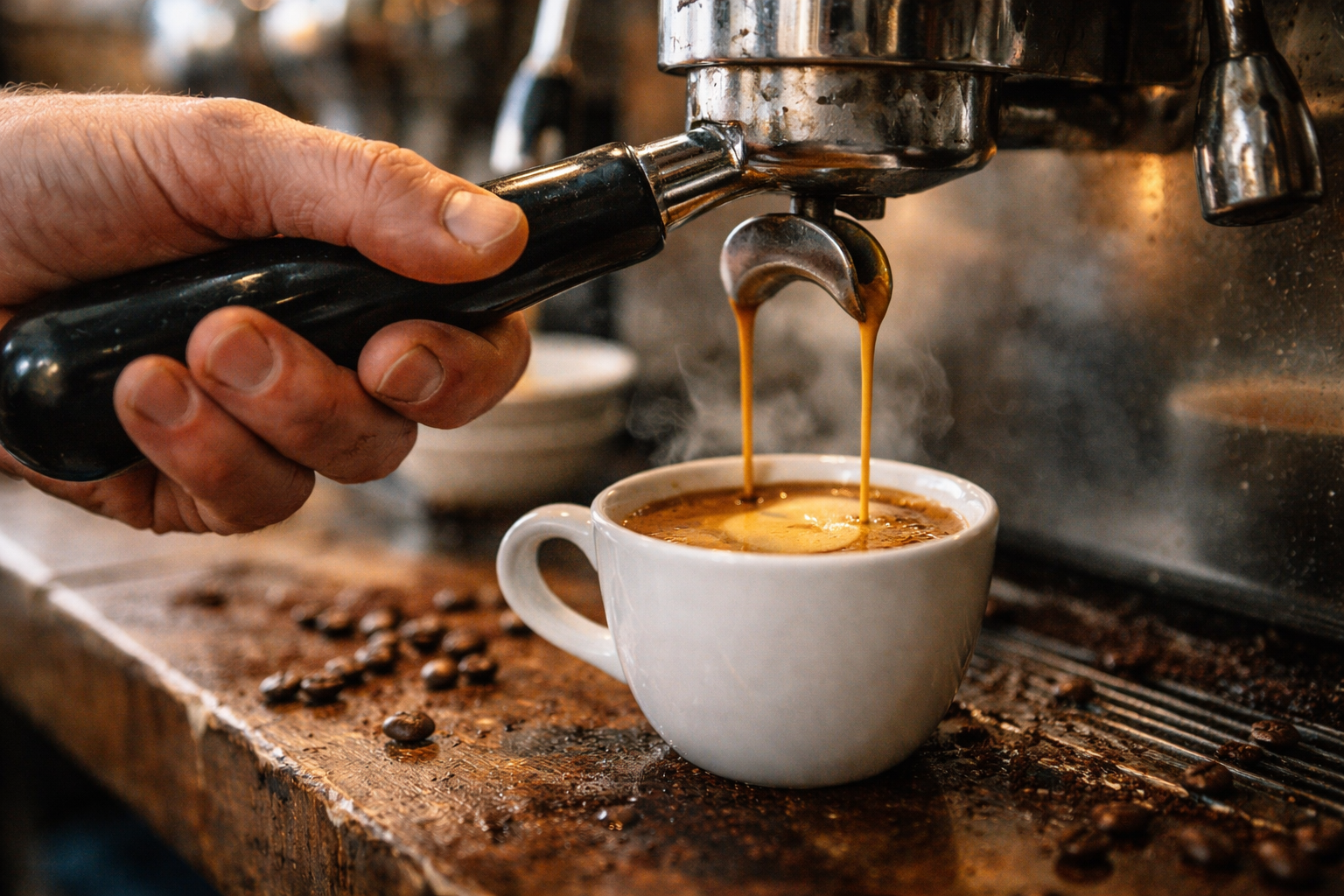 Professional barista pulling espresso shot with rich crema from quality machine - showing proper coffee process not pods