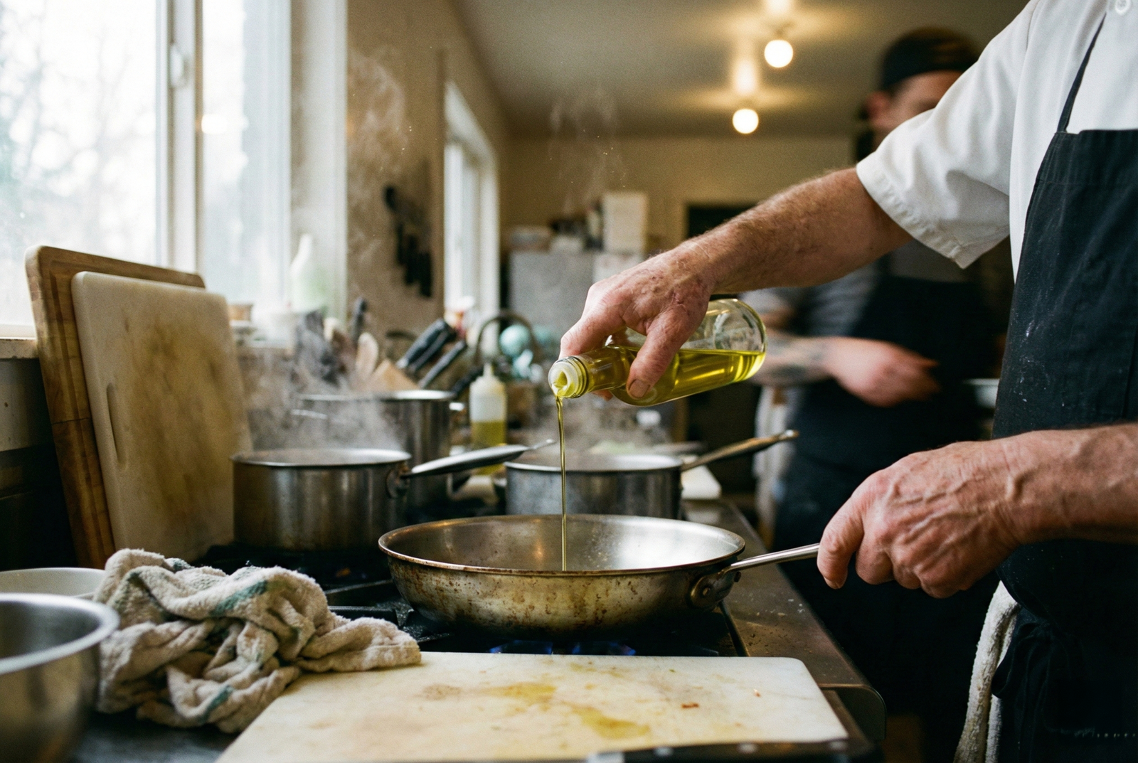 Professional chef pouring healthy avocado oil in restaurant kitchen - avoiding seed oils for better health