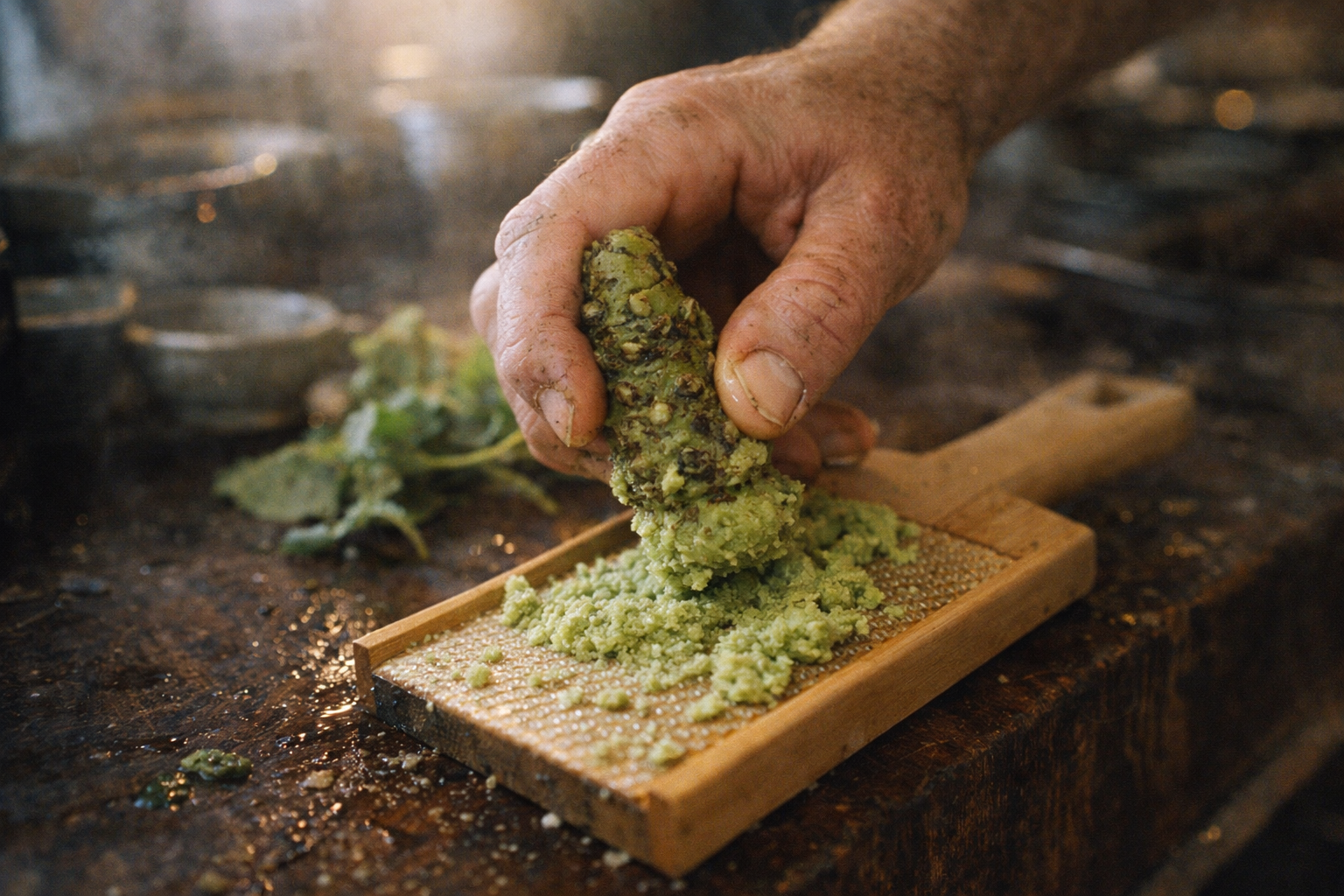 Chef grating fresh real wasabi root showing authentic gritty texture - exposing fake wasabi fraud in restaurants