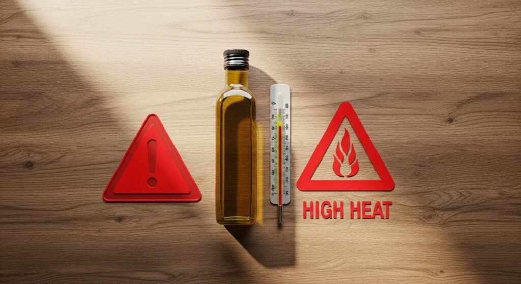 Flat-lay of a bottle of olive oil with a red caution sign, thermometer, and high-heat warning symbol, illustrating when to avoid cooking with olive oil.