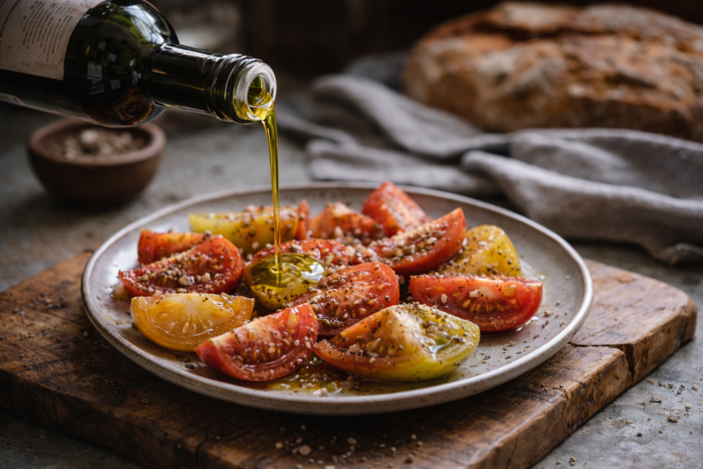 Extra virgin olive oil poured raw over fresh heirloom tomatoes—the correct way to use EVOO as a finishing oil