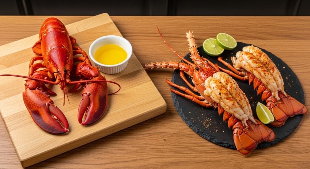 An elegant, fine-dining ceramic plate featuring artfully arranged poached cold-water lobster claw meat and a sliced, grilled warm-water lobster tail medallion.