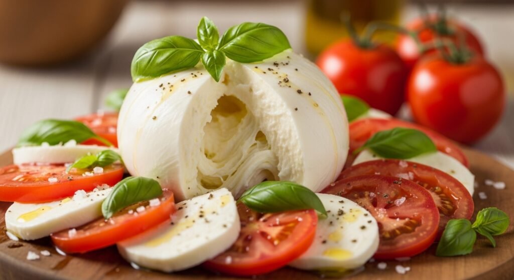 A chef's guide to the types of mozzarella, featuring a fresh Caprese salad with Mozzarella di Bufala, ripe tomatoes, and basil.