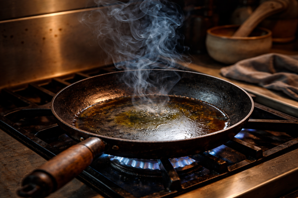 Olive oil smoking past its smoke point in a hot carbon steel pan—visible proof of why you should never cook with olive oil