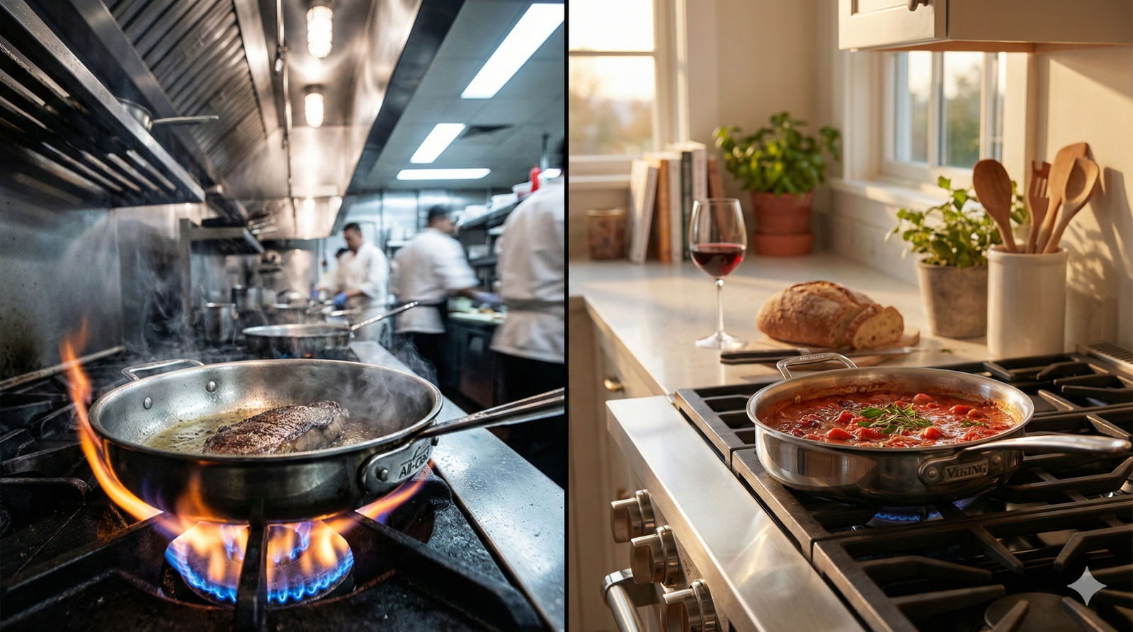 A split-screen comparison showing a gritty professional restaurant kitchen with All-Clad stainless steel pans on high heat (left) versus a warm, inviting home kitchen featuring Viking cookware on a residential stove (right).