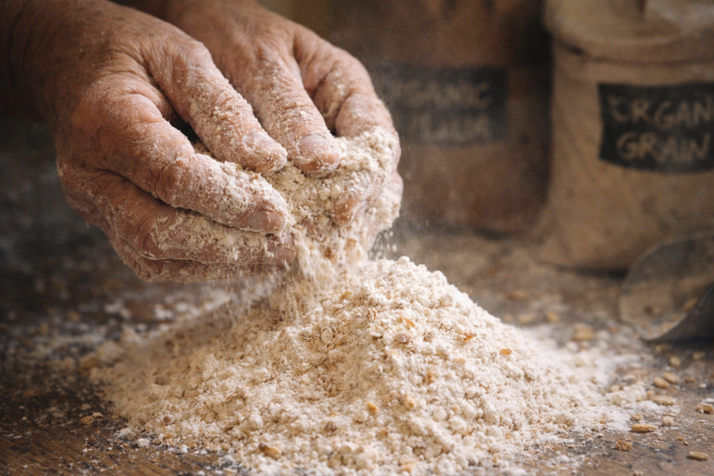 Baker hands running through high protein unbleached bread flour with visible wheat bran specks and coarse texture for artisan baking