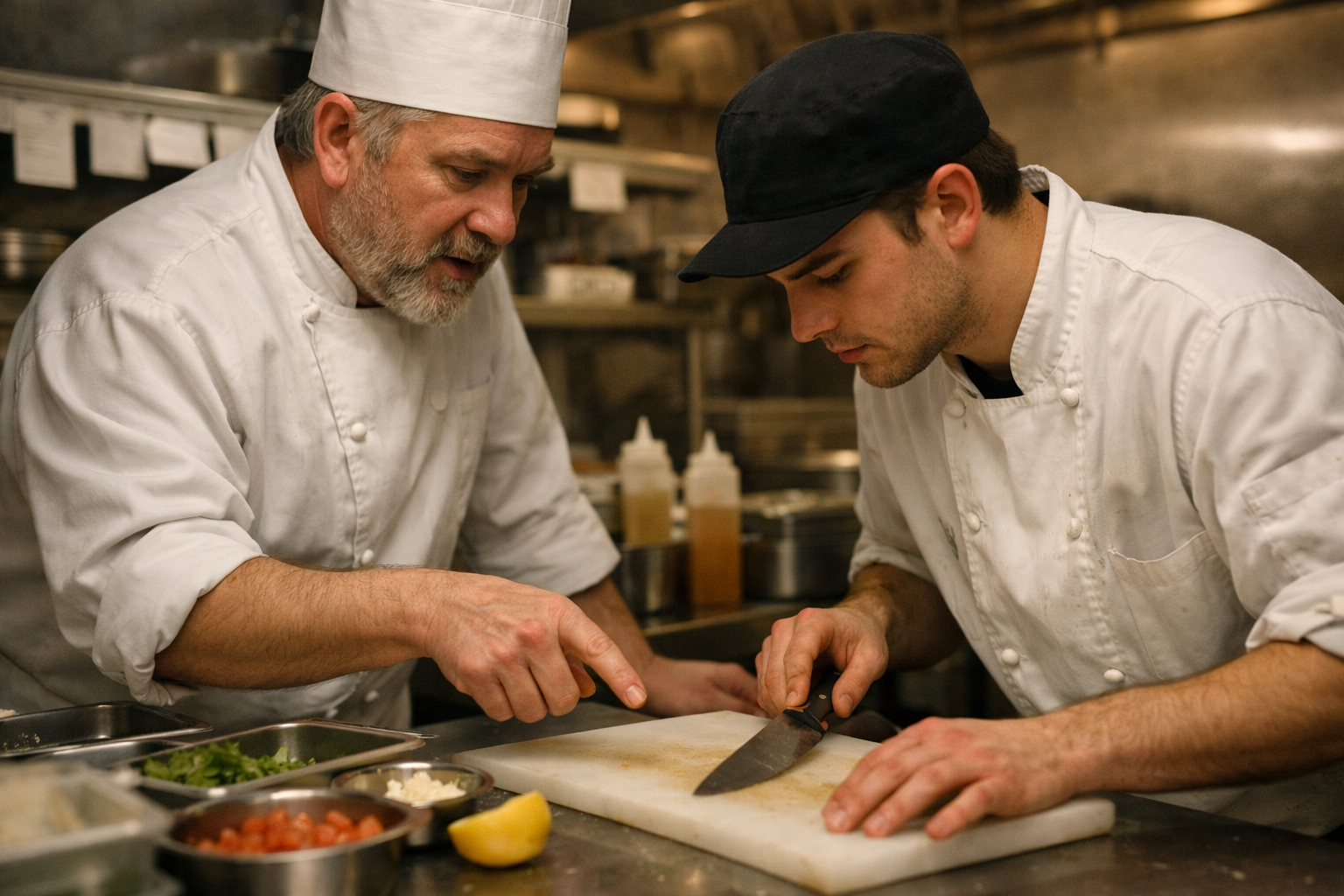 Chef mentorship moment in a professional kitchen as a mentor guides a young cook, illustrating career advice and learning over money