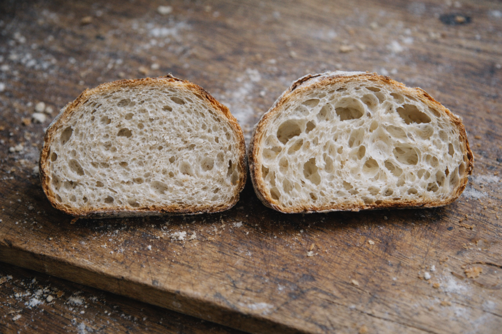 Side by side comparison of dense under-fermented bread slice with tight crumb versus properly fermented slice with open airy crumb structure