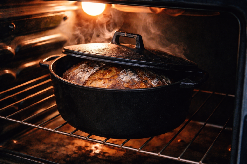 Cast iron Dutch oven with lid askew revealing golden sourdough loaf oven springing inside with steam wisps rising creating crispy crust