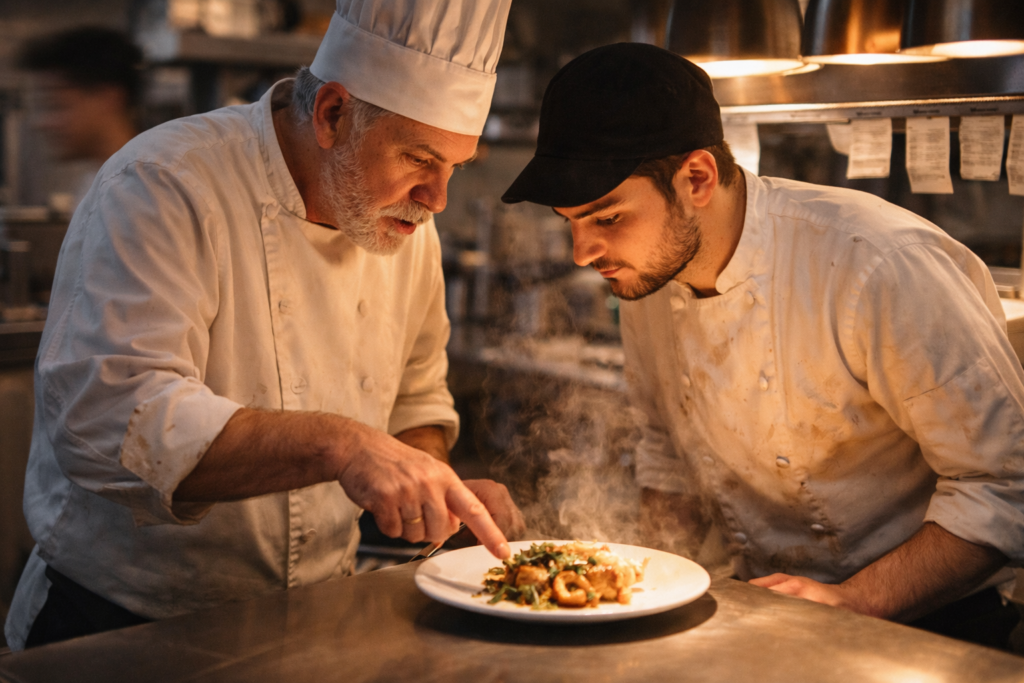 Executive chef mentoring junior cook during restaurant service
