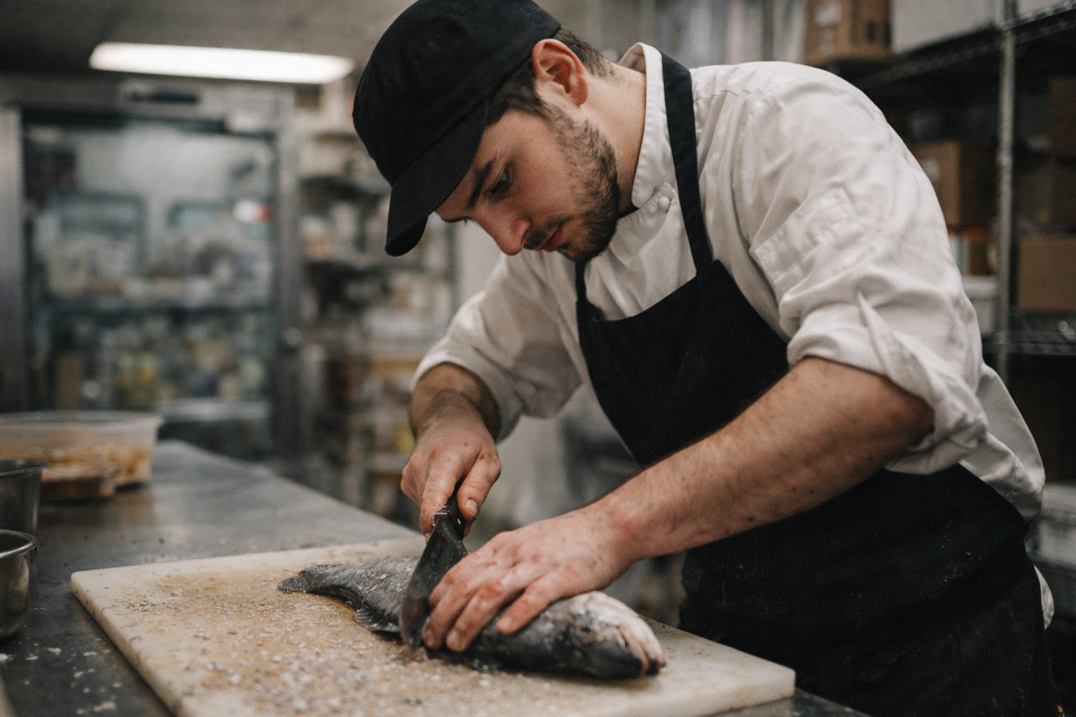 Young line cook learning fish fabrication in professional kitchen