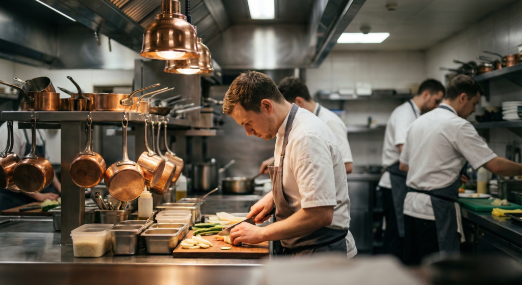 Professional chefs training in a Michelin-star kitchen in London showing precision and technique
