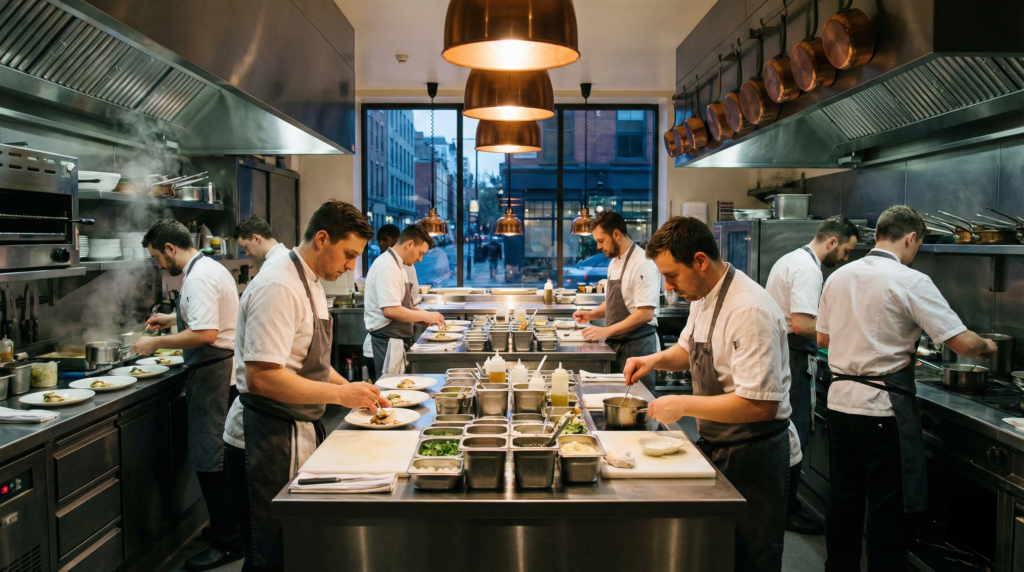 Professional restaurant kitchen during service showing teamwork and culinary leadership