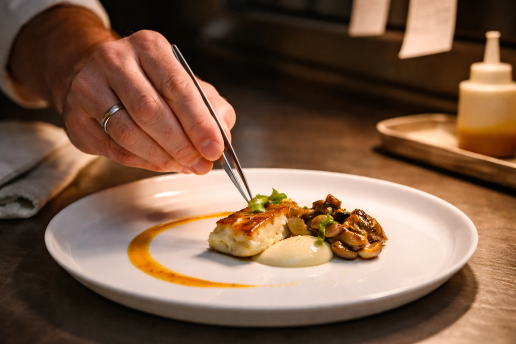 Chef using tweezers for precise plating — culinary excellence built through discipline over shortcuts