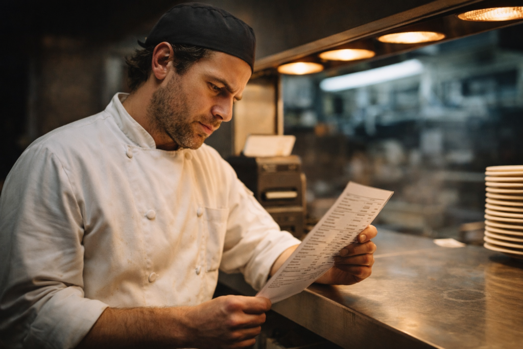 How to build discipline in the kitchen — chef reviewing prep standards checklist at the pass before service