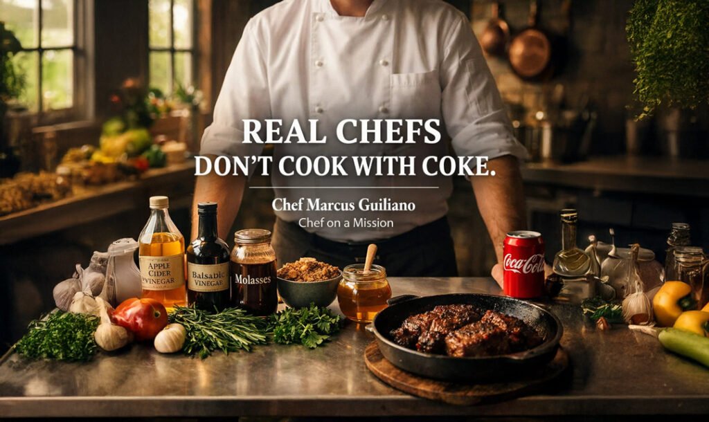 A can of Coca-Cola sitting on a professional kitchen counter beside a braising pan — cooking with Coca-Cola is a shortcut real food chefs avoid