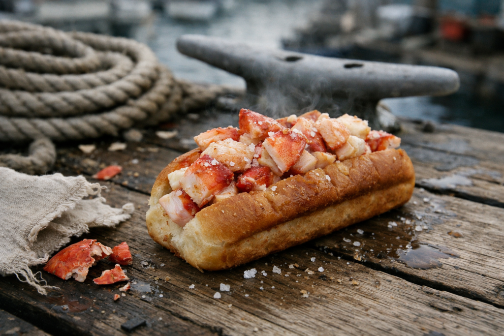 dockside lobster roll history scene with buttered split-top roll on weathered wooden dock