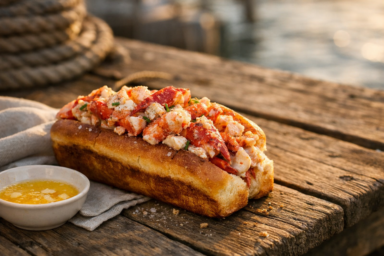 Dockside lobster roll on a split-top bun, illustrating lobster roll history (from working hands to luxury)