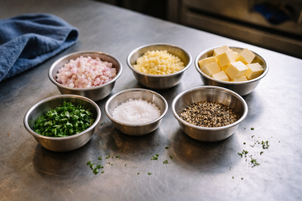 Organized mise en place prep bowls on a commercial kitchen counter showing disciplined chef standards
