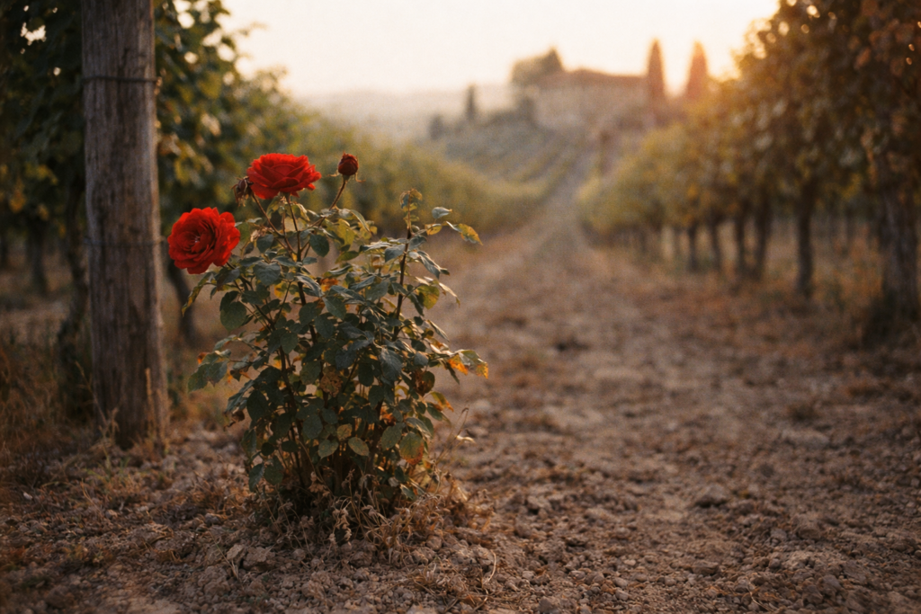 Red rose bush blooming at the end of a Tuscan vineyard row — tradition of planting roses in vineyards