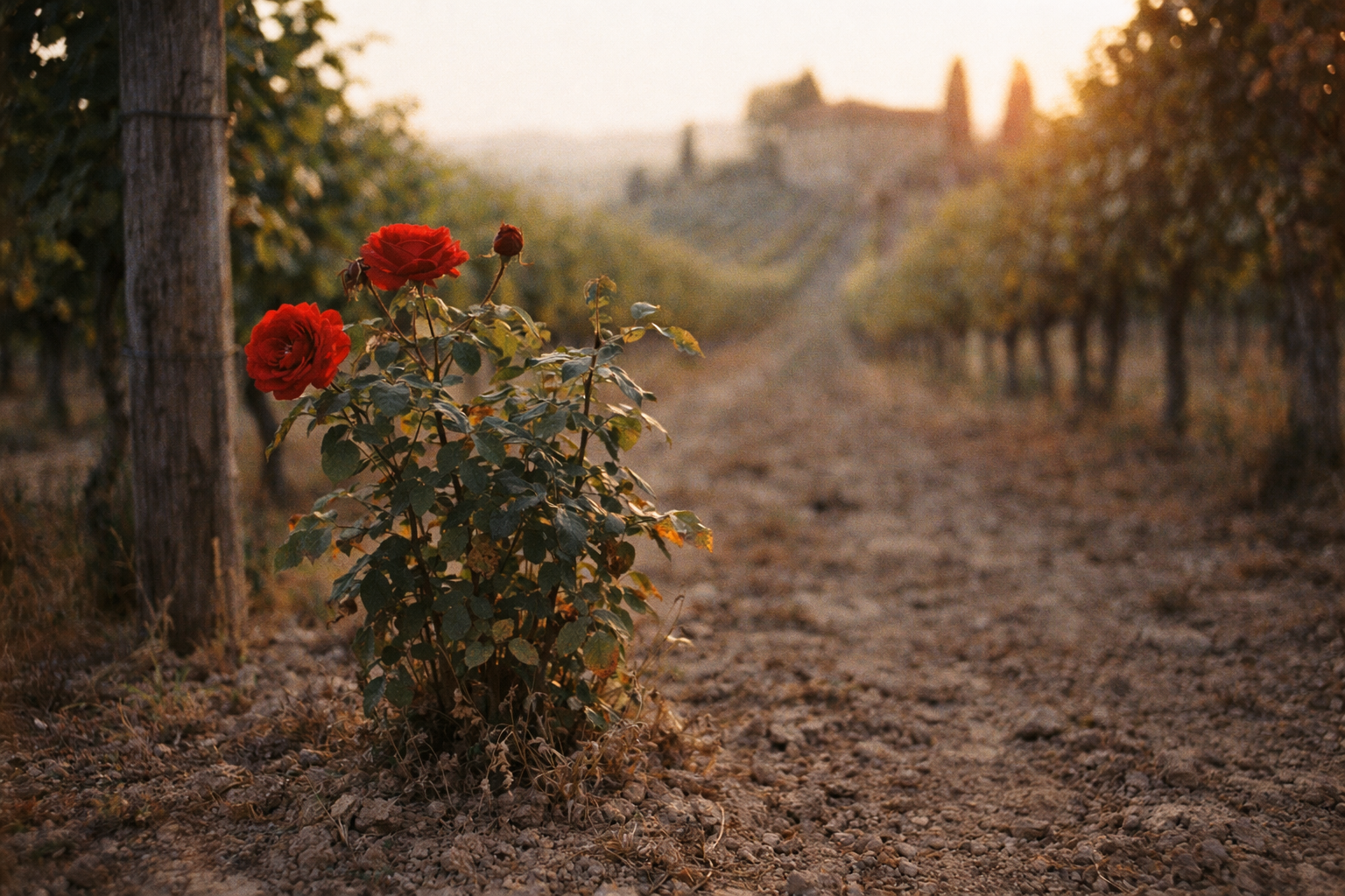 Red rose bush blooming at the end of a Tuscan vineyard row — tradition of planting roses in vineyards