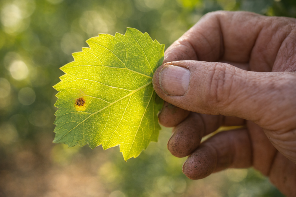 Winemaker inspecting grape leaves for disease in a sustainable vineyard — scouting vines