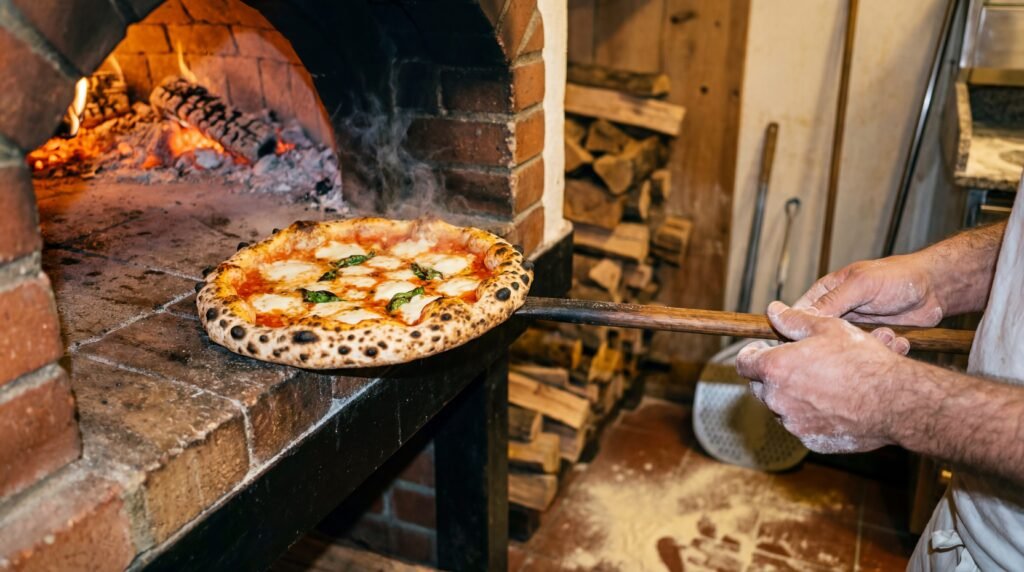 Artisanal Neapolitan pizza being pulled from a wood-fired oven, does pineapple belong on pizza or does tradition win