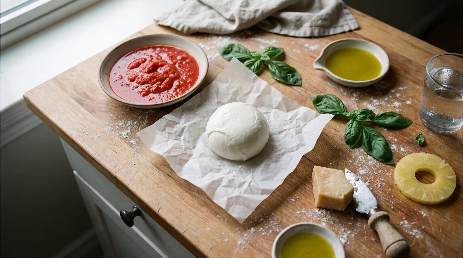 Does pineapple belong on pizza, Chef Marcus Guiliano traditional Italian pizza ingredients on a rustic kitchen counter