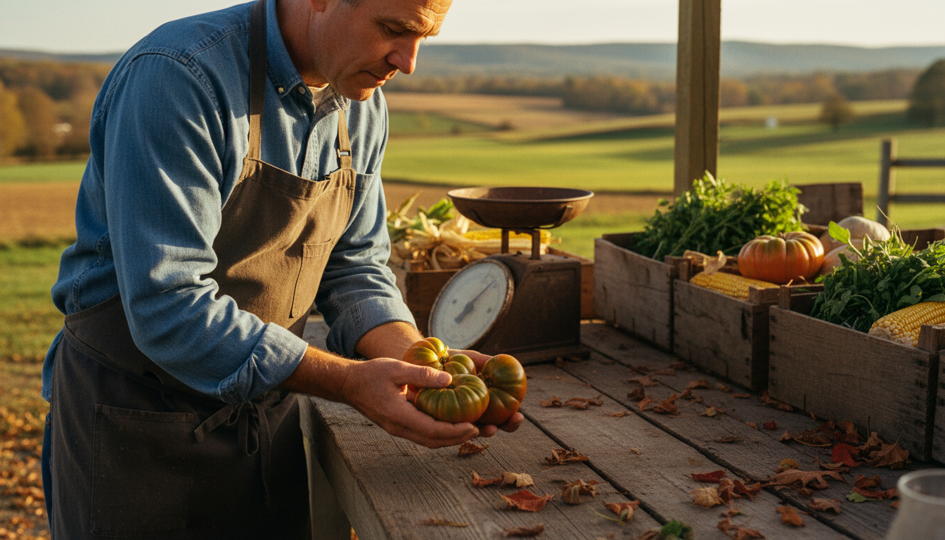 farm to table chef Marcus Guiliano sourcing fresh ingredients at a Hudson Valley farm market inspired by Pierre Koffmann three Michelin star training