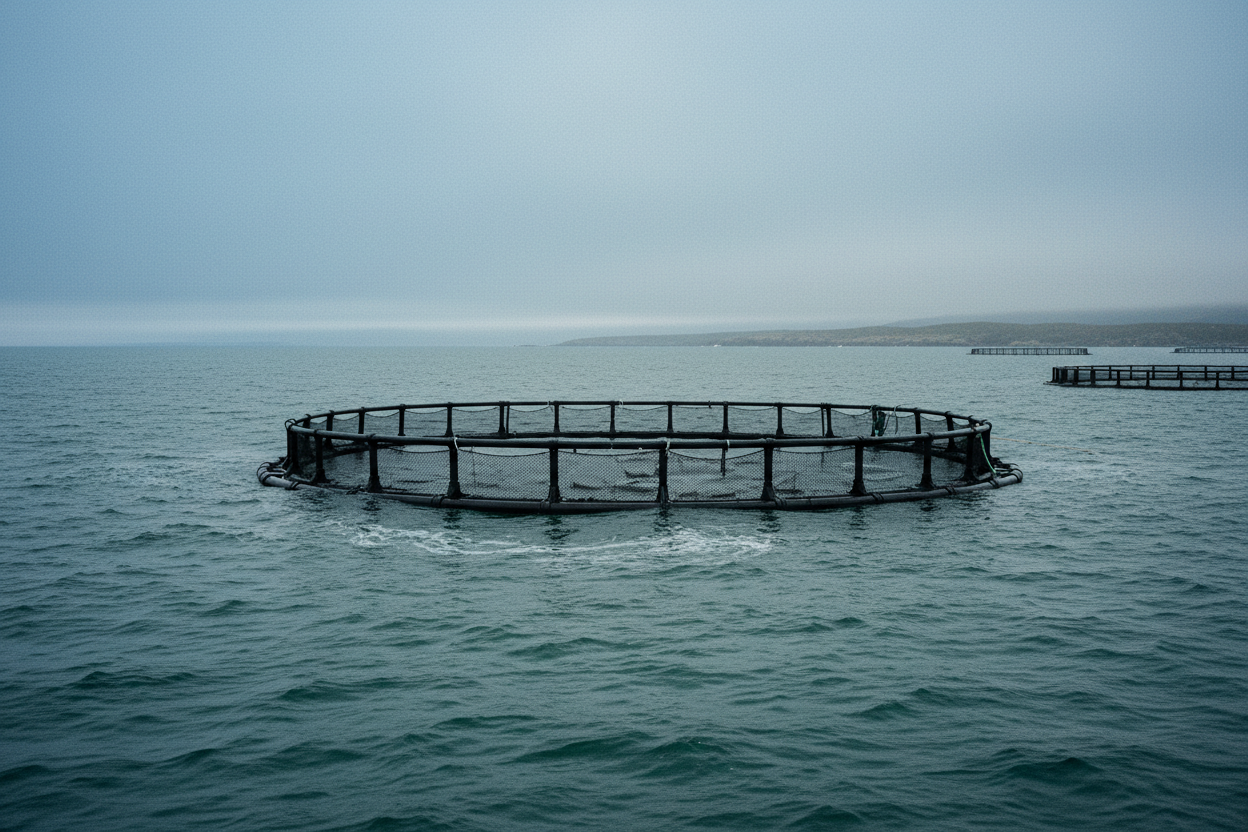 Farmed salmon in an open-net pen aquaculture farm