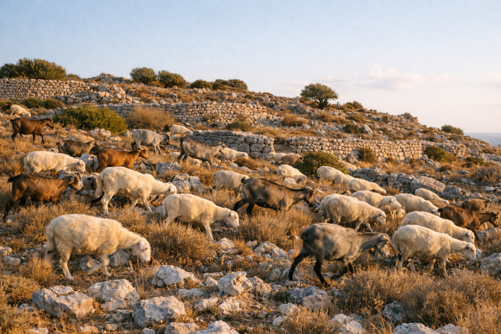 Mixed flock of sheep and goats grazing on a rocky Mediterranean hillside — the traditional source of milk for authentic PDO sheep milk feta