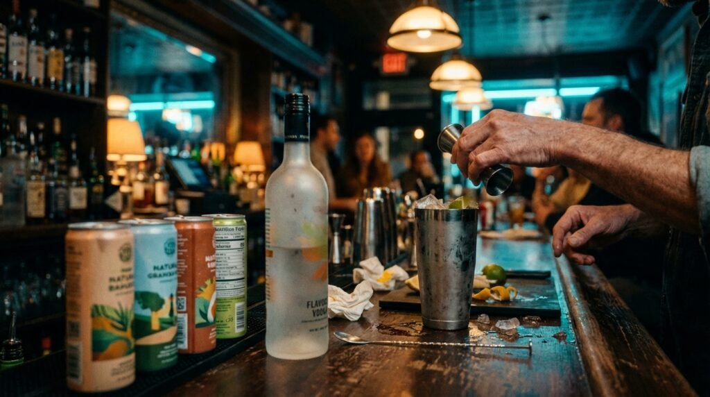 Bartender preparing cocktails at a bar with various pre-made RTD cans and flavored spirits visible — hidden artificial sweeteners in drinks