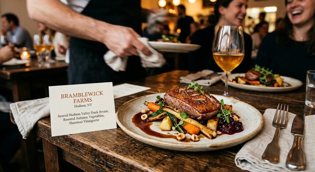 Honest restaurant menu example with sourcing card naming farm and producer