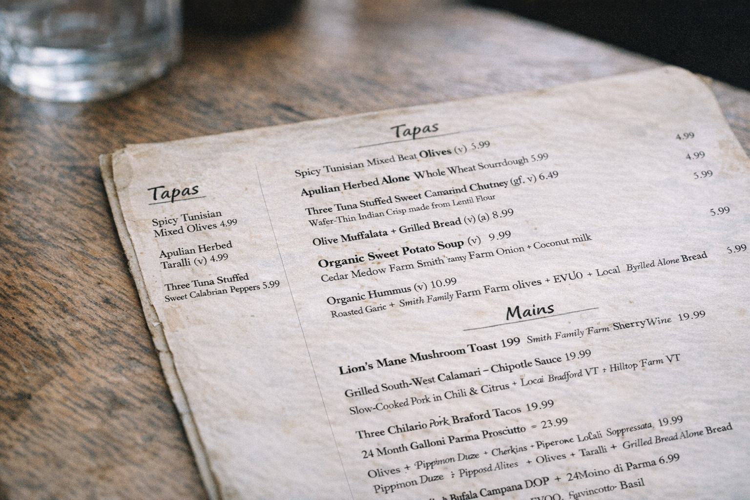 An honest restaurant menu with handwritten sourcing notes naming local farms and producers