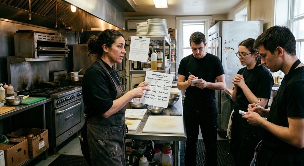Chef training staff on three sourcing facts per dish for an honest restaurant menu