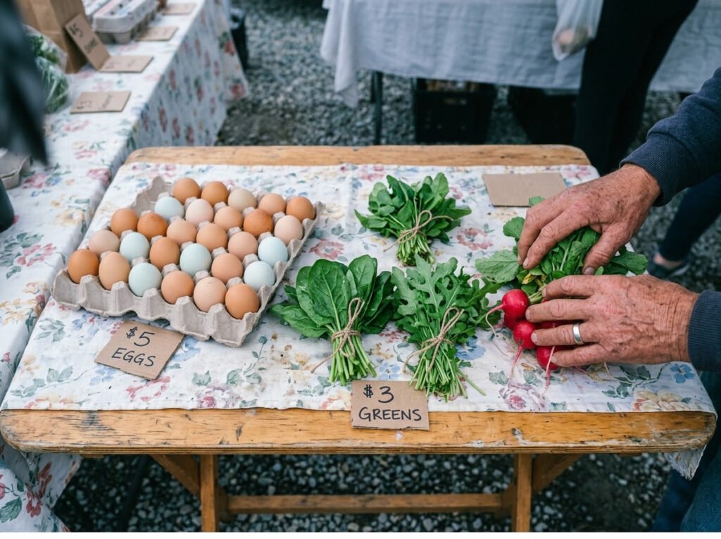Overhead view of a Hudson Valley farmers market table showing local food sourcing in action, with handwritten price signs, fresh eggs in a cardboard flat, and bundles of spring greens