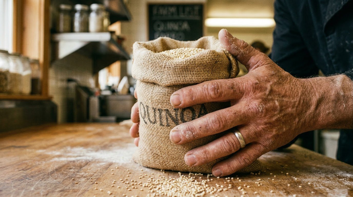Chef Marcus Guiliano examining Colorado quinoa grains on a wooden prep table in his Hudson Valley restaurant kitchen, morning side light catching dust particles in the air