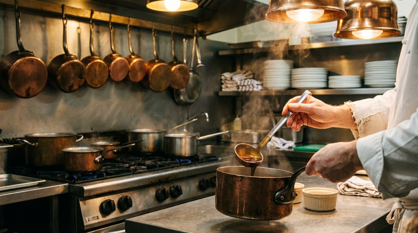 pierre koffmann chef classical French kitchen with copper pans and precise mise en place