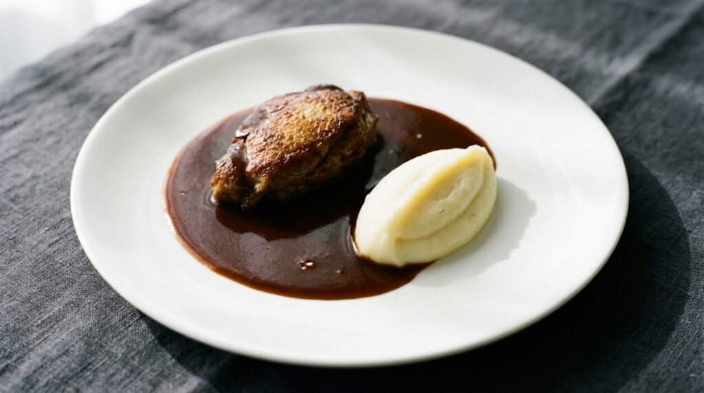 pierre koffmann chef style classical French plated dish with rich demi-glace and clean presentation