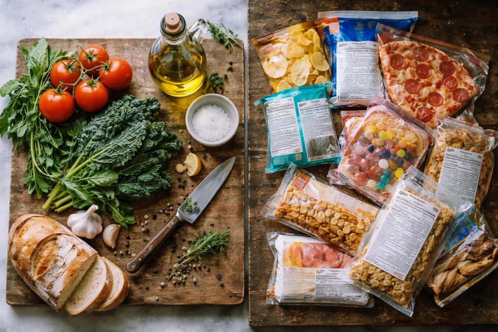 Real food vs processed food — fresh whole ingredients on wooden cutting board compared to packaged processed items