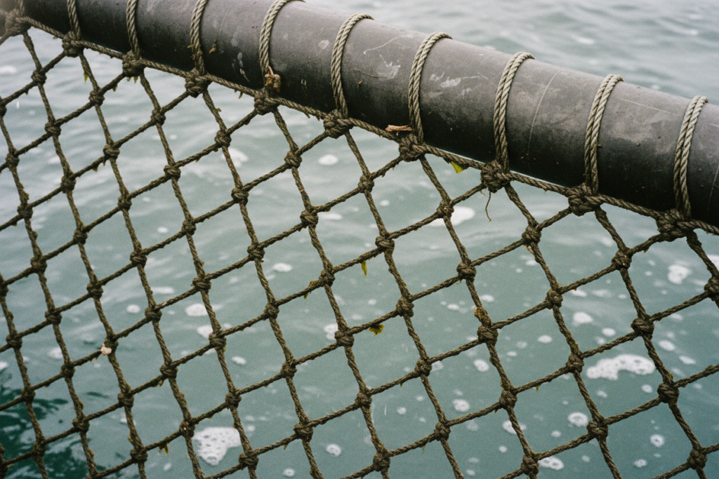 Waterline detail of an open-net pen salmon farm