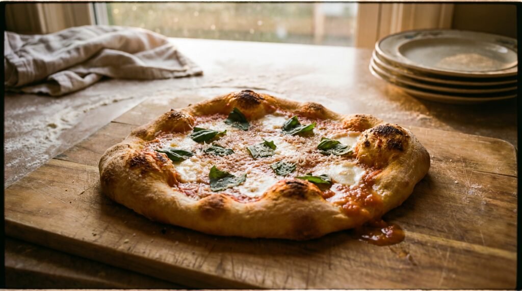 Traditional Italian homemade focaccia-style pizza with simple toppings and fresh herbs on a wooden cutting board