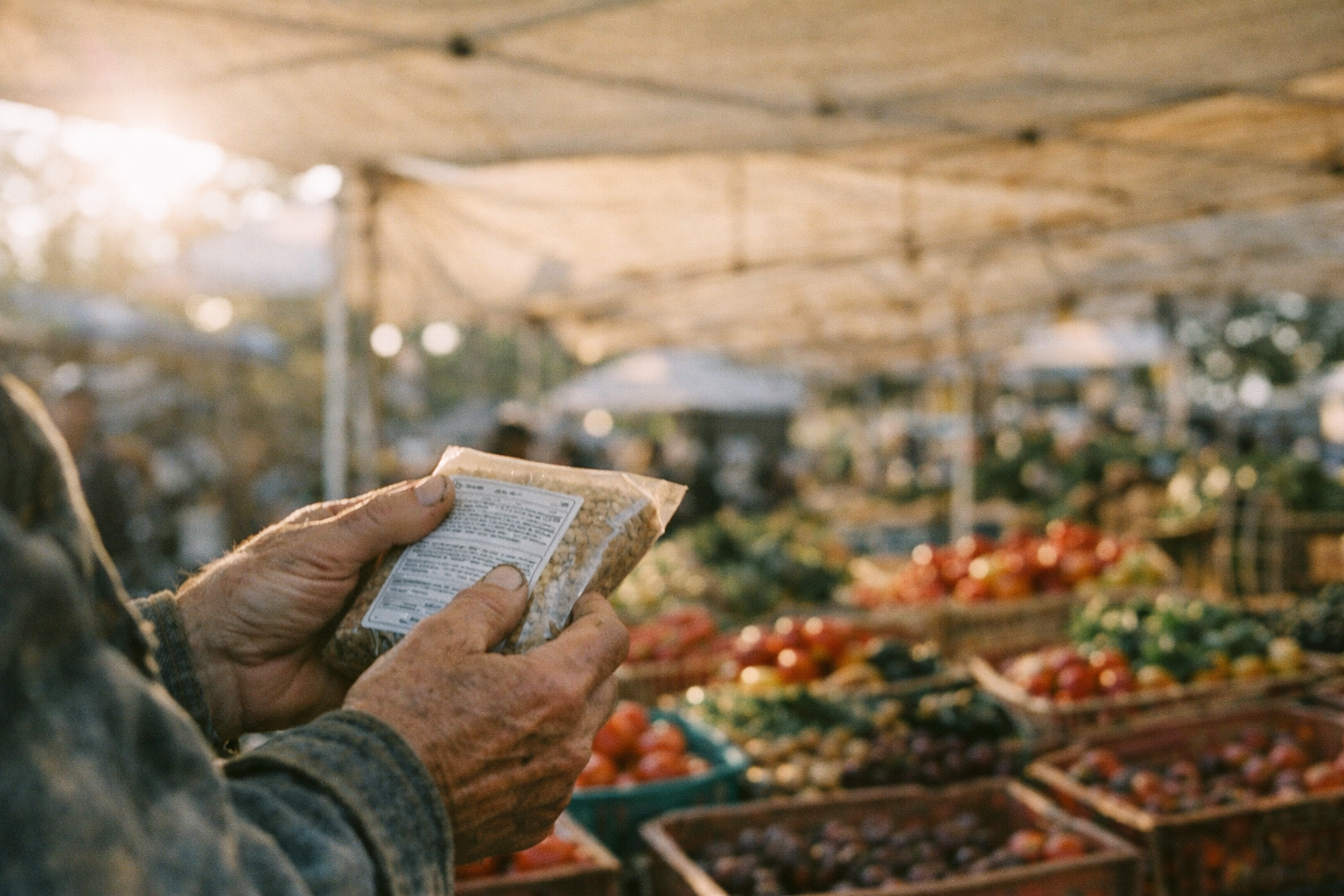 What does clean eating mean — hands reading a food ingredient label at a Hudson Valley farmers market