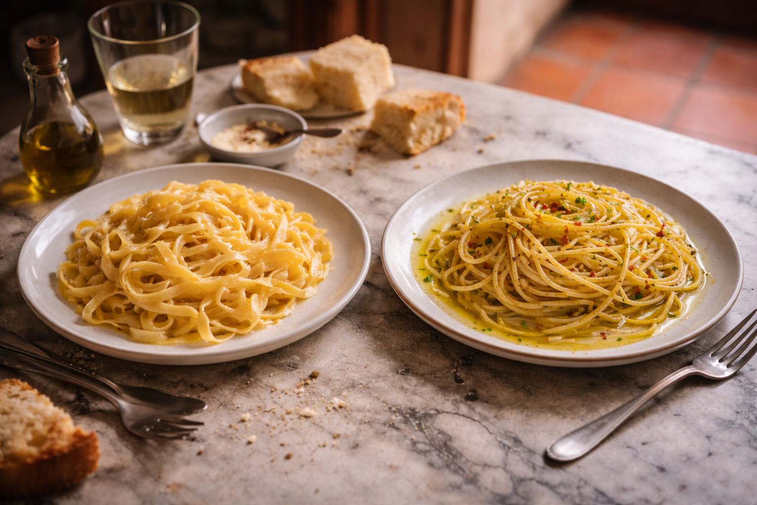 Butter vs olive oil pasta comparison showing how each cooking fat creates different sauce textures in Italian cuisine