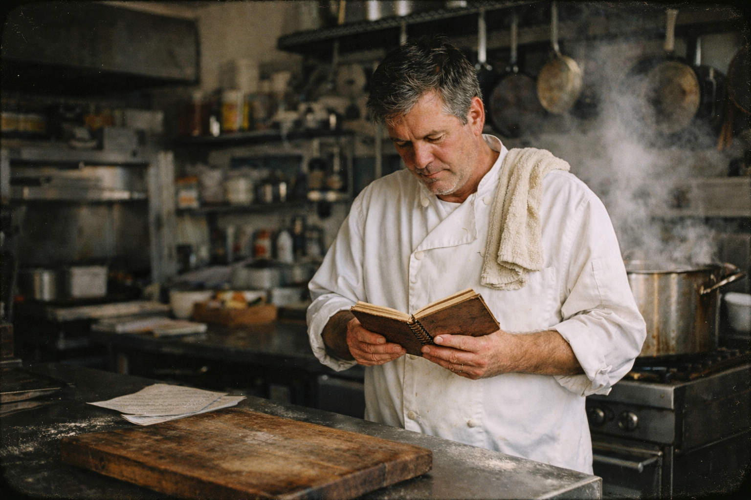 Chef Marcus Guiliano reviewing notes in a professional kitchen, representing the never stop learning mindset in business and cooking