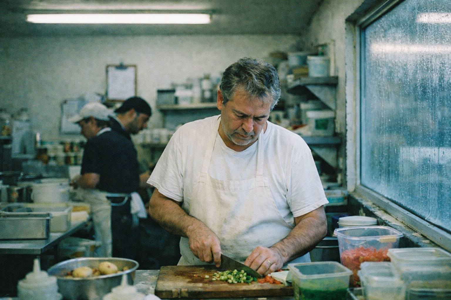 ALT Text: Chef going back to basics in a professional kitchen, representing the never stop learning mindset and growth through humility