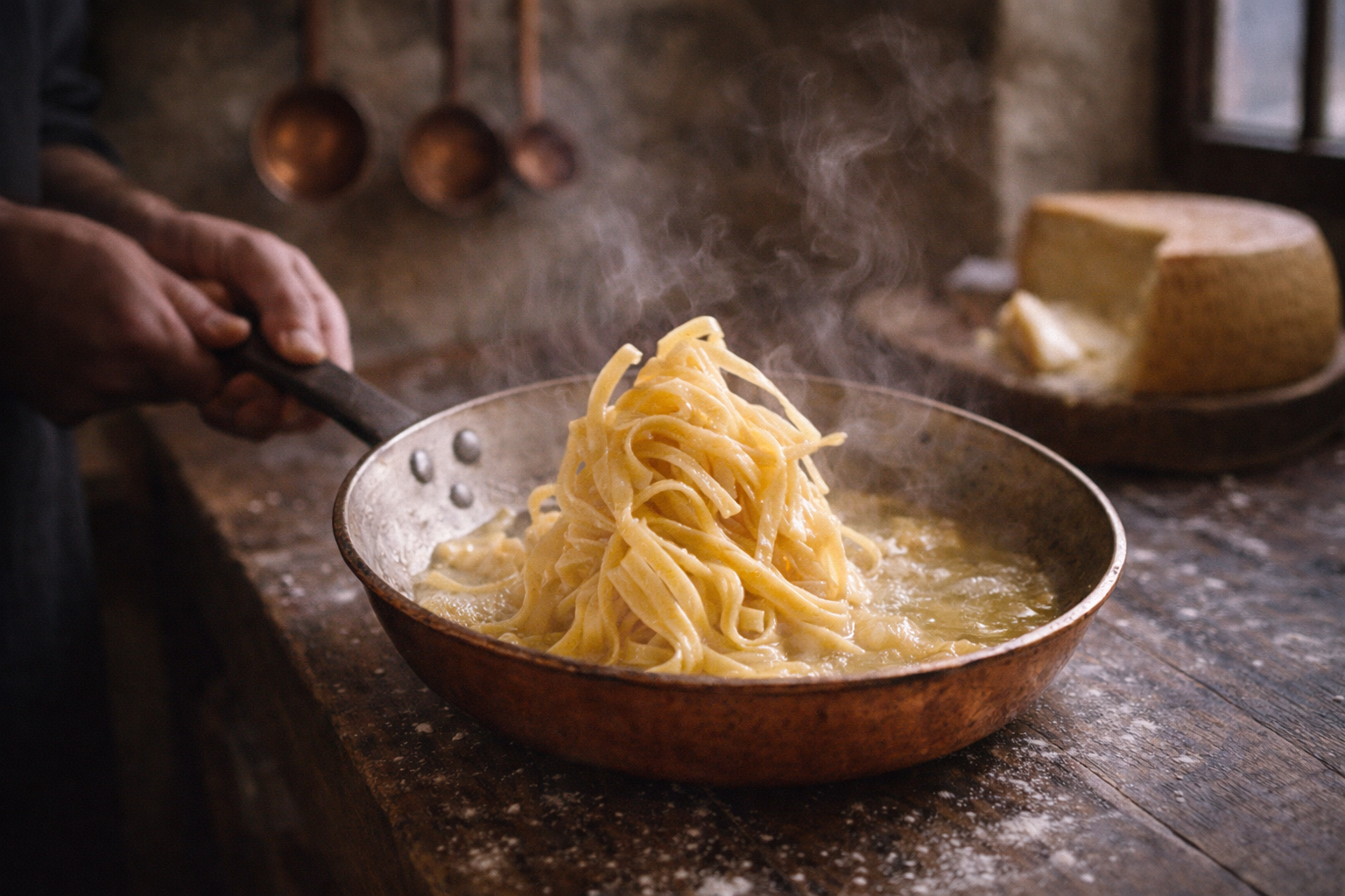Northern Italian pasta with butter, showing Piedmont butter cuisine and fresh tagliatelle in a rustic dairy kitchen