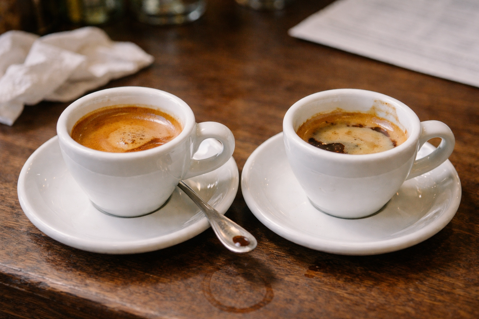 Clean espresso shot with stable crema versus dirty machine espresso with patchy collapsing crema