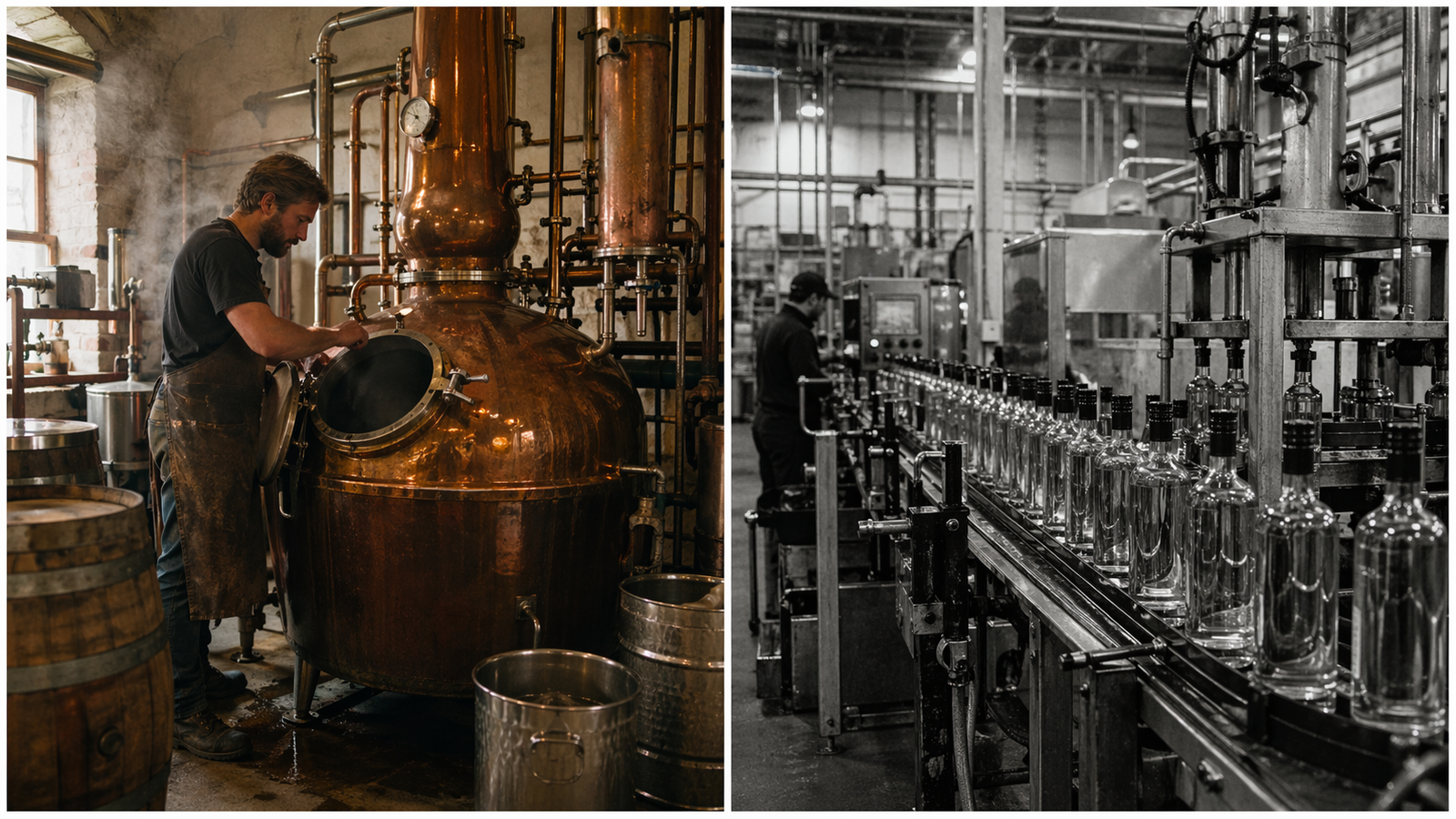 Side-by-side comparison of a small craft distillery still room and an industrial spirits bottling plant production line
