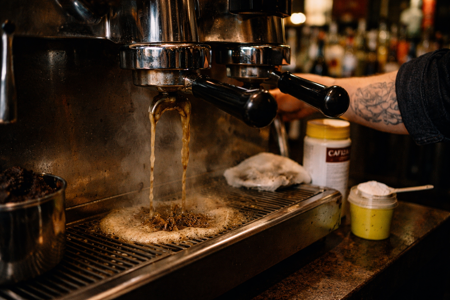 Espresso machine backflush with Cafiza detergent showing brown oil residue being flushed out